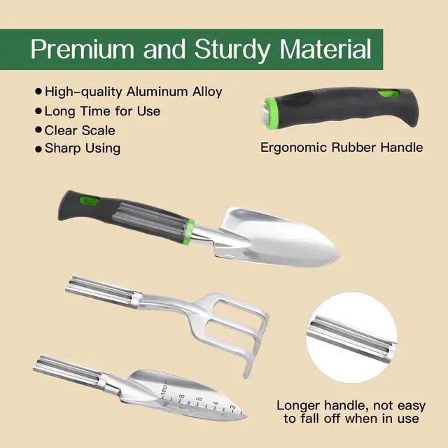 Alt view image 3 of 7 - Gardening Tools Set, 8PCS Gardening Gifts for Women, Green | Heavy Duty Garden Tools with Non-Slip Rubber Grip with Large Garden Bag for Tools Aluminum Alloy Hand Tools for Gardening Men