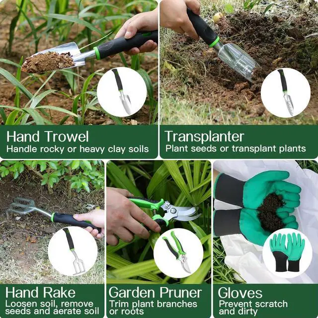 Alt view image 4 of 7 - Gardening Tools Set, 8PCS Gardening Gifts for Women, Green | Heavy Duty Garden Tools with Non-Slip Rubber Grip with Large Garden Bag for Tools Aluminum Alloy Hand Tools for Gardening Men