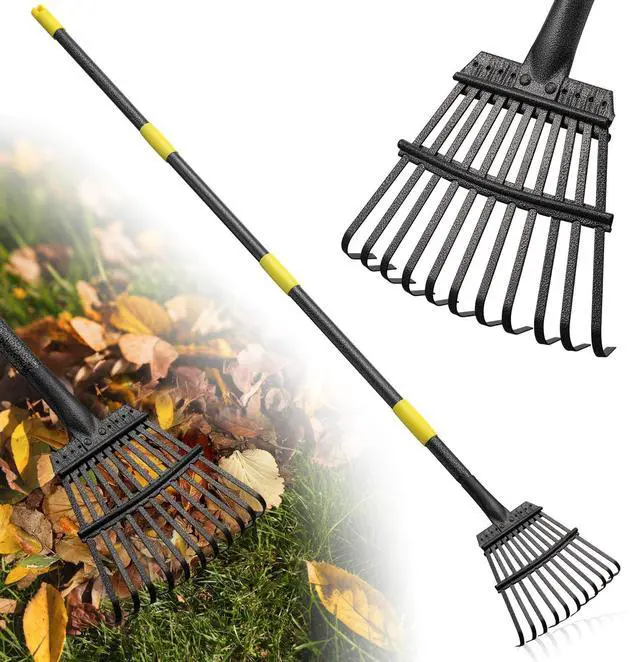 Main image of Leaf Rake: 8.5" Wide Heavy Duty Small Metal Garden Rake for Lawn Yard Garden Bed Leaves Debris Shrub Pine Needles Cleanup, 11 Metal Tines, Lightweight Kids Leaf Rakes, 72 Long Handle