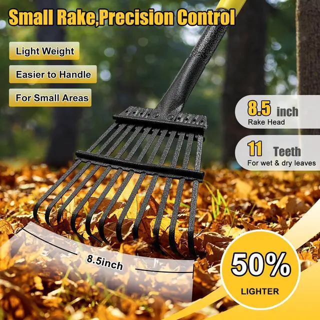 Alt view image 2 of 7 - Leaf Rake: 8.5" Wide Heavy Duty Small Metal Garden Rake for Lawn Yard Garden Bed Leaves Debris Shrub Pine Needles Cleanup, 11 Metal Tines, Lightweight Kids Leaf Rakes, 72 Long Handle