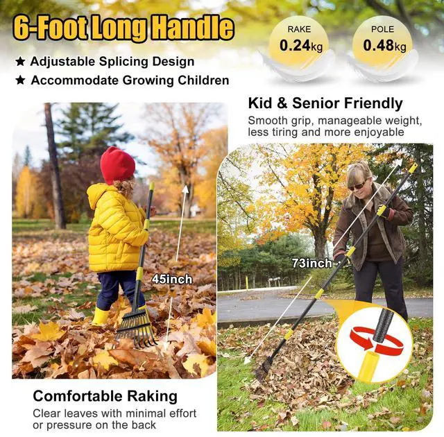 Alt view image 3 of 7 - Leaf Rake: 8.5" Wide Heavy Duty Small Metal Garden Rake for Lawn Yard Garden Bed Leaves Debris Shrub Pine Needles Cleanup, 11 Metal Tines, Lightweight Kids Leaf Rakes, 72 Long Handle