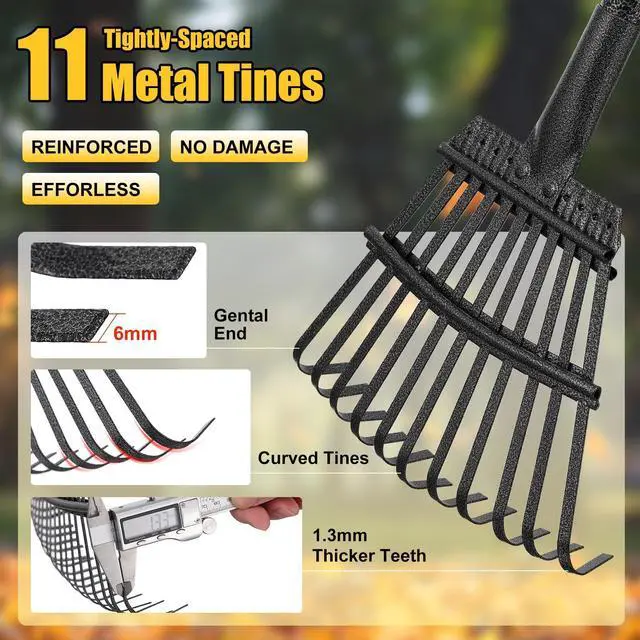 Alt view image 4 of 7 - Leaf Rake: 8.5" Wide Heavy Duty Small Metal Garden Rake for Lawn Yard Garden Bed Leaves Debris Shrub Pine Needles Cleanup, 11 Metal Tines, Lightweight Kids Leaf Rakes, 72 Long Handle