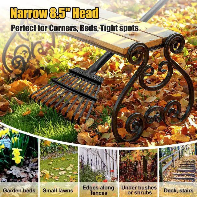 Alt view image 5 of 7 - Leaf Rake: 8.5" Wide Heavy Duty Small Metal Garden Rake for Lawn Yard Garden Bed Leaves Debris Shrub Pine Needles Cleanup, 11 Metal Tines, Lightweight Kids Leaf Rakes, 72 Long Handle