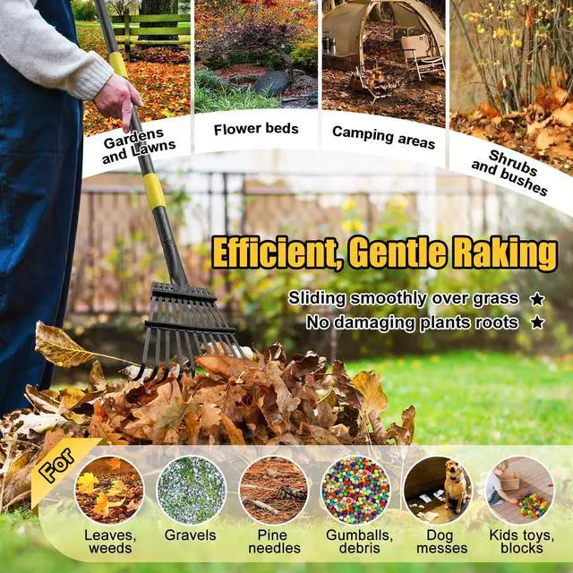 Alt view image 6 of 7 - Leaf Rake: 8.5" Wide Heavy Duty Small Metal Garden Rake for Lawn Yard Garden Bed Leaves Debris Shrub Pine Needles Cleanup, 11 Metal Tines, Lightweight Kids Leaf Rakes, 72 Long Handle
