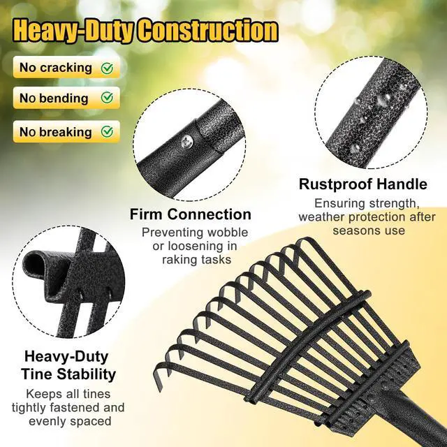 Alt view image 7 of 7 - Leaf Rake: 8.5" Wide Heavy Duty Small Metal Garden Rake for Lawn Yard Garden Bed Leaves Debris Shrub Pine Needles Cleanup, 11 Metal Tines, Lightweight Kids Leaf Rakes, 72 Long Handle