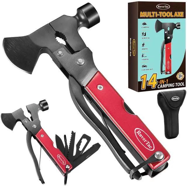Main image of 14-in-1 Multitool Camping Axe Hatchet Essential Camping Gear with Knife, Hammer, Saw, Bottle Opener, Screwdriver Multi Tool with Sheath Gifts for Men, Dad, and Outdoor Adventures