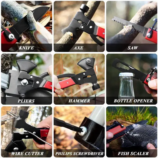 Alt view image 6 of 7 - 14-in-1 Multitool Camping Axe Hatchet Essential Camping Gear with Knife, Hammer, Saw, Bottle Opener, Screwdriver Multi Tool with Sheath Gifts for Men, Dad, and Outdoor Adventures