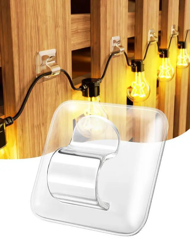 Main image of Hooks for Outdoor String Lights Clips: 25 Pack Square Clear Large Heavy Duty Light Hook Waterproof Adhesive Strips - Outside Hanging Rope Light Cable Cord Holders Organizer
