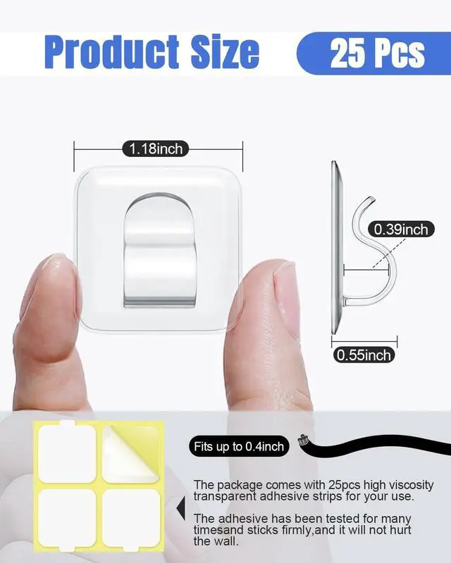 Alt view image 2 of 7 - Hooks for Outdoor String Lights Clips: 25 Pack Square Clear Large Heavy Duty Light Hook Waterproof Adhesive Strips - Outside Hanging Rope Light Cable Cord Holders Organizer
