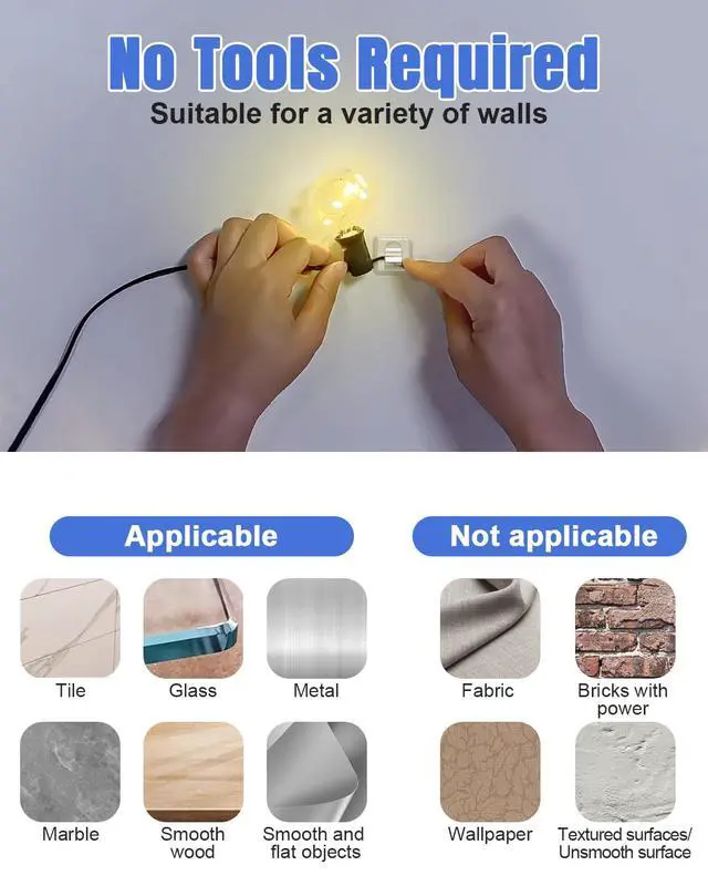 Alt view image 4 of 7 - Hooks for Outdoor String Lights Clips: 25 Pack Square Clear Large Heavy Duty Light Hook Waterproof Adhesive Strips - Outside Hanging Rope Light Cable Cord Holders Organizer