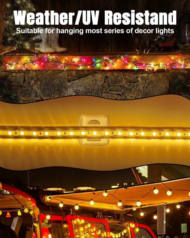 Alt view image 6 of 7 - Hooks for Outdoor String Lights Clips: 25 Pack Square Clear Large Heavy Duty Light Hook Waterproof Adhesive Strips - Outside Hanging Rope Light Cable Cord Holders Organizer
