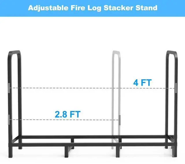 Alt view image 7 of 7 - 4ft Firewood Rack Holder, Adjustable Heavy Duty Fire Log Stacker Stand for Fireplace, Outdoor Indoor Metal Wood Pile Storage Organizer, Patio Logs Stand tool, Black