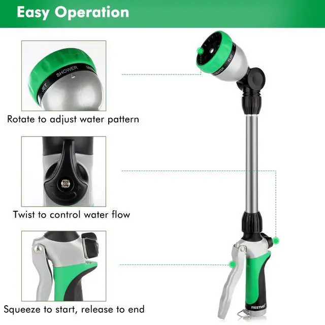 Alt view image 3 of 7 - Metal Watering Wand, Heavy Duty Garden Hose Wand with 180° Swivel Ratcheting Head, 16-Inch Hose Nozzle Sprayer with 7 Spray Patterns and Flow Control, Ideal to Water Hanging Baskets and Shrubs