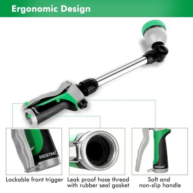 Alt view image 4 of 7 - Metal Watering Wand, Heavy Duty Garden Hose Wand with 180° Swivel Ratcheting Head, 16-Inch Hose Nozzle Sprayer with 7 Spray Patterns and Flow Control, Ideal to Water Hanging Baskets and Shrubs