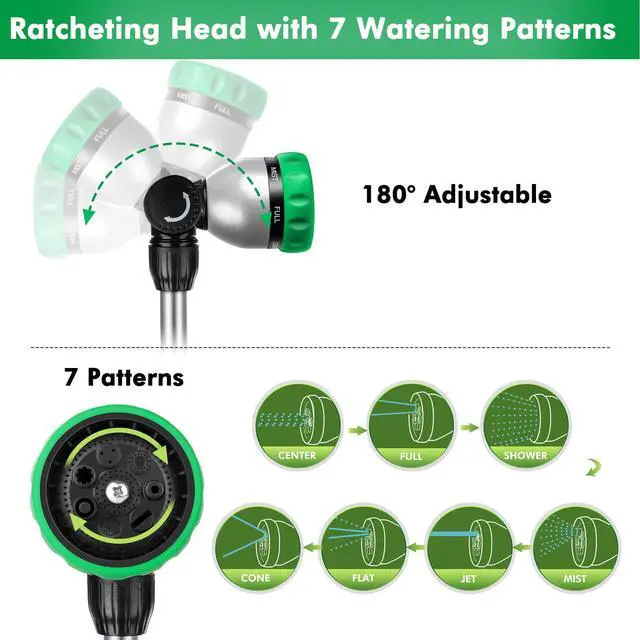 Alt view image 5 of 7 - Metal Watering Wand, Heavy Duty Garden Hose Wand with 180° Swivel Ratcheting Head, 16-Inch Hose Nozzle Sprayer with 7 Spray Patterns and Flow Control, Ideal to Water Hanging Baskets and Shrubs