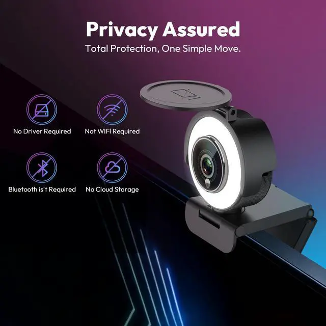 Alt view image 4 of 7 - Angetube 4K Webcam with Ring Light - Web Cam 4K UHD, PDAF Autofocus, 1080P 60FPS, 2 Noise Reduction Mics, USB-A/C, Privacy Cover, Computer Web Camera for Desktop PC Laptop Mac, Zoom Teams Twitch