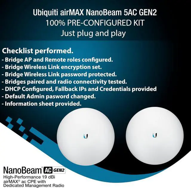 Alt view image 7 of 7 - Wireless Bridge NBE-5AC-GEN2 PRE-CONFIGURED Bundle of 2 Ubiquiti NanoBeam 5AC GEN2, 2 Units Kit 100% Configured as Outdoor Point-to-Point Wi-Fi Bridge, Plug and Play, 450+ Mbps Speed, 15+ km Range.