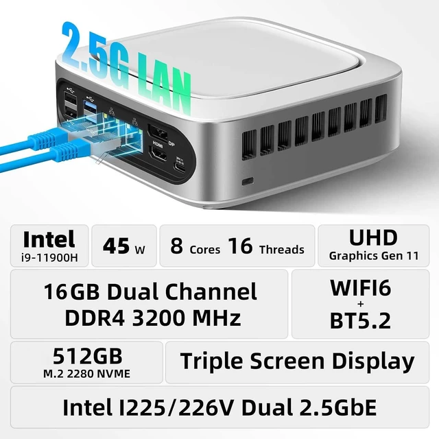 Alt view image 3 of 7 - Mini PC i9 Intel Core i9-11900H(4.9GHz, 8C/16T), 16GB DDR4 512GB SSD, Mini Desktop Computer 4K Triple Display, 2.5G Dual LAN, WiFi6, BT5.2, 6X USB Ports, MGI9 Micro PC for Home/Office