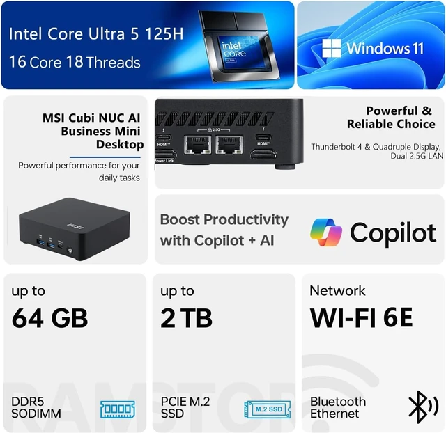 Alt view image 2 of 7 - msi Cubi NUC AI Business Mini Desktop, Intel 14-Core Ultra 5 125H, 16GB DDR5, 512GB SSD, Support 4-Display & 4K, 2 x Thunderbolt 4, 2 x HDMI, Dual 2.5G LAN, Wi-Fi 6E, Windows 11 Pro, Black