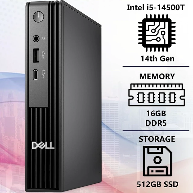 Alt view image 2 of 5 - Dell Pro Micro QCM1250 MFF Intel i5-14500T, 16GB DDR5 RAM, 512GB SSD PCIe, WiFi 6E + BT, RJ-45, DisplayPort, Wired Keyboard & Mouse, 3YR Wty, Windows 11 Pro, AI Mini Business Desktop - Black