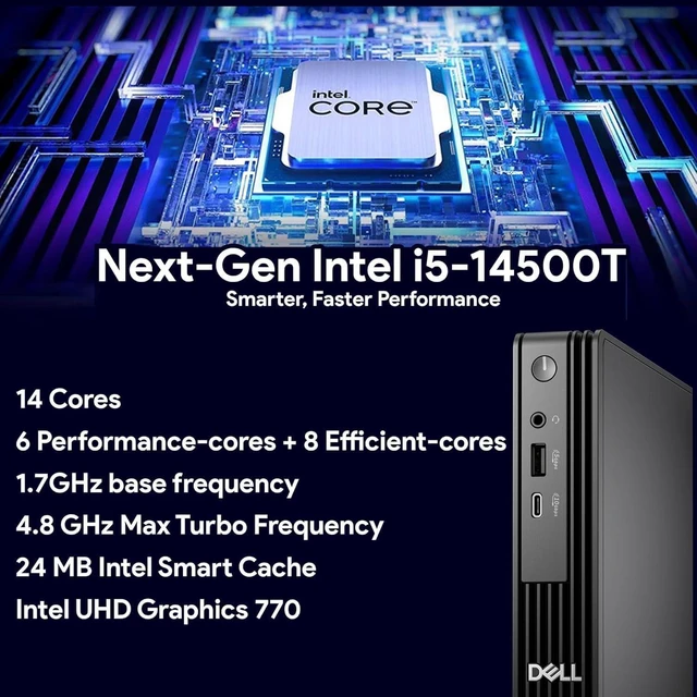Alt view image 3 of 7 - Dell Pro Micro QCM1250 Mini Desktop (New OptiPlex), 14th Gen i5-14500T (14 Cores, Up to 4.8GHz), 16GB DDR5, 256GB PCIe SSD, HDMI+DP Dual Monitor Support, USB-C, Wi-Fi 6E, Windows 11 Pro