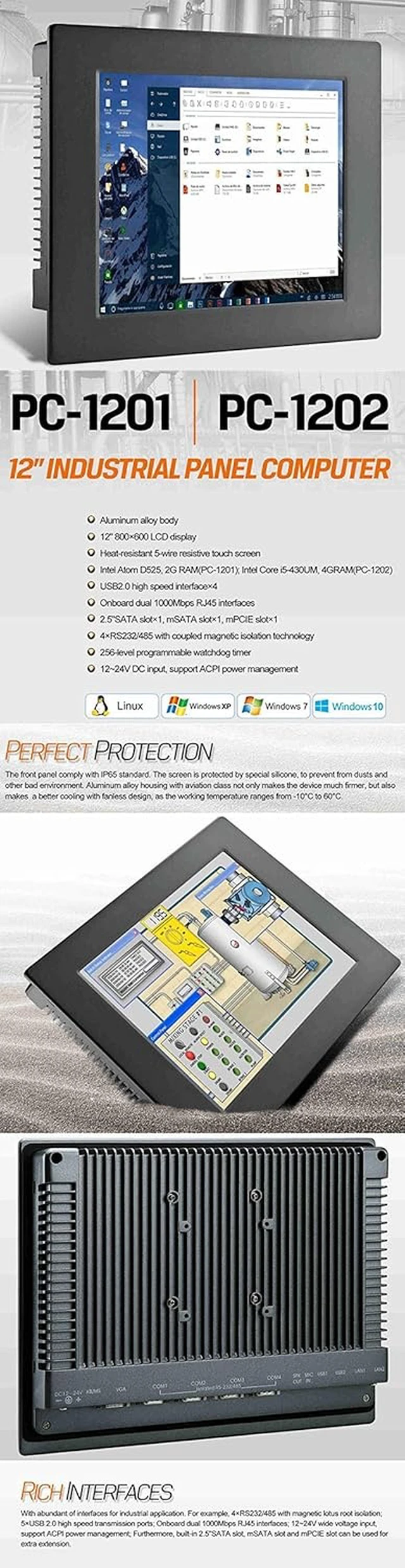 Alt view image 2 of 4 - LILLIPUT PC-1202 12" Industrial Panel Computer i5 5-Wire resistive Touch Screen Win 7 8 10 Linux System IPC Aluminum Embedded PC
