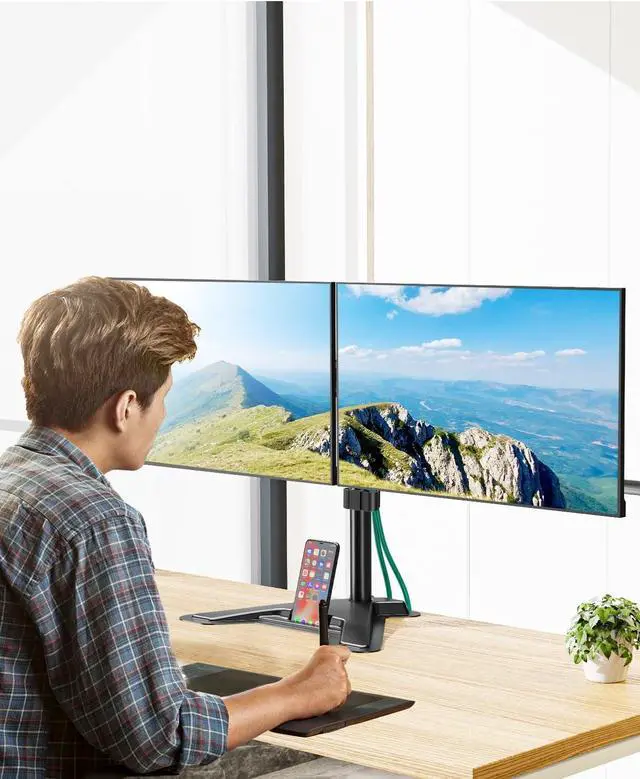 Alt view image 3 of 7 - MOUNT PRO Dual Monitor Stand, Free-Standing Full Motion Monitor Desk Mount Fits 2 Screens up to 27 inches,17.6lbs with Height Adjustable, Swivel, Tilt, Rotation, VESA 75x75 100x100, Black