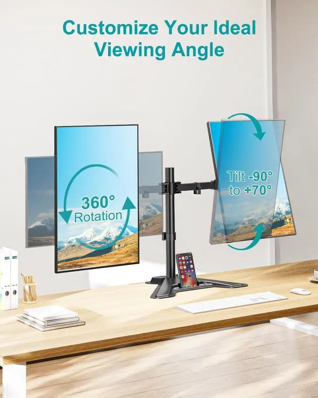 Alt view image 7 of 7 - MOUNT PRO Dual Monitor Stand, Free-Standing Full Motion Monitor Desk Mount Fits 2 Screens up to 27 inches,17.6lbs with Height Adjustable, Swivel, Tilt, Rotation, VESA 75x75 100x100, Black