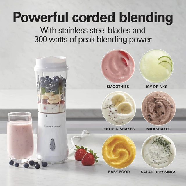 Alt view image 3 of 7 - Portable Blender for Smoothies With 14 oz. Travel Jar | 2 BPA Free Jars & Lids | Durable Stainless Steel Blades | 300 Watts Peak Power | Personal Smoothie Blender | White | 51102G