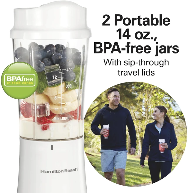 Alt view image 7 of 7 - Portable Blender for Smoothies With 14 oz. Travel Jar | 2 BPA Free Jars & Lids | Durable Stainless Steel Blades | 300 Watts Peak Power | Personal Smoothie Blender | White | 51102G