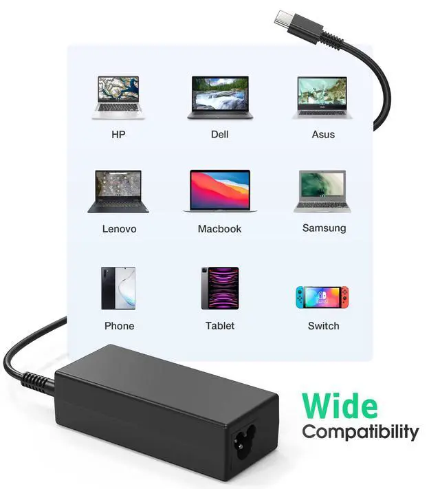 Alt view image 2 of 7 - USB C Laptop Charger, 65W Chromebook Charger Compatible with HP Lenovo Dell Asus Acer Samsung Google Chromebook Fast Charger Type C