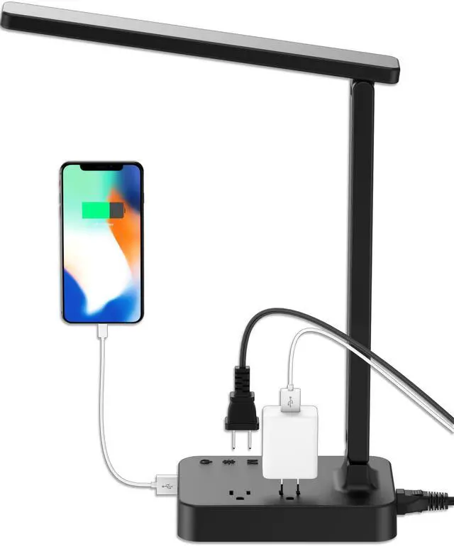 Main image of LED Desk Lamp for College Dorm Room, Desk Light with 1 USB Charging Port 2 AC Power Outlet, 3 Lighting Modes, 3 Level Brightness Touch Lamp, Eye-Caring Home Office Foldable Table Lamp