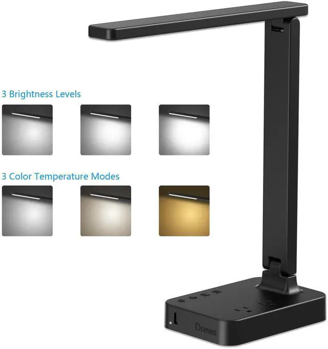 Alt view image 2 of 7 - LED Desk Lamp for College Dorm Room, Desk Light with 1 USB Charging Port 2 AC Power Outlet, 3 Lighting Modes, 3 Level Brightness Touch Lamp, Eye-Caring Home Office Foldable Table Lamp