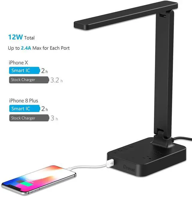 Alt view image 3 of 7 - LED Desk Lamp for College Dorm Room, Desk Light with 1 USB Charging Port 2 AC Power Outlet, 3 Lighting Modes, 3 Level Brightness Touch Lamp, Eye-Caring Home Office Foldable Table Lamp
