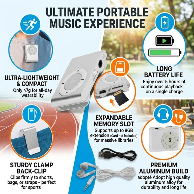 Alt view image 2 of 7 - Sport MP3 Players with Clip, Portable Music Player, Screenless MP3 Players, Mini MP3 Player with Earphone and USB Cable(Silver)