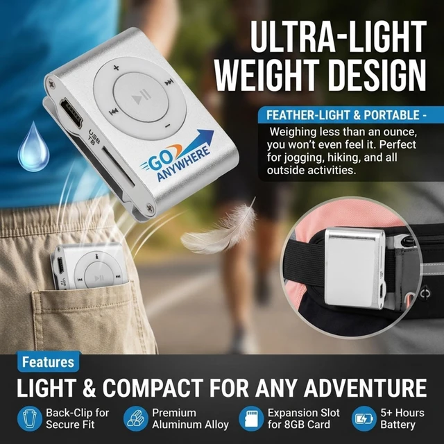 Alt view image 3 of 7 - Sport MP3 Players with Clip, Portable Music Player, Screenless MP3 Players, Mini MP3 Player with Earphone and USB Cable(Silver)