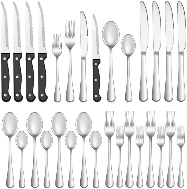 Main image of 24 Pcs Silverware Set with Steak Knives for 4, Stainless Steel Flatware Set, Mirror Polished Cutlery Utensil Sets, Home Kitchen Eating Tableware, Dishwasher Safe