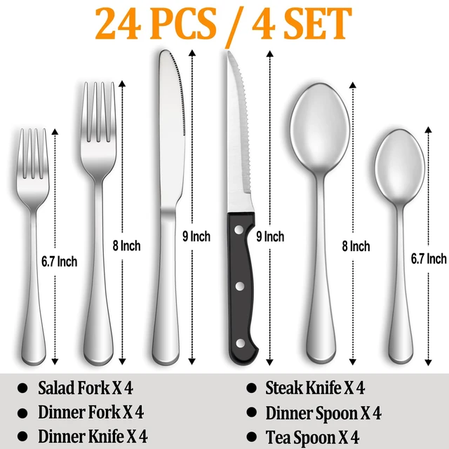 Alt view image 2 of 7 - 24 Pcs Silverware Set with Steak Knives for 4, Stainless Steel Flatware Set, Mirror Polished Cutlery Utensil Sets, Home Kitchen Eating Tableware, Dishwasher Safe