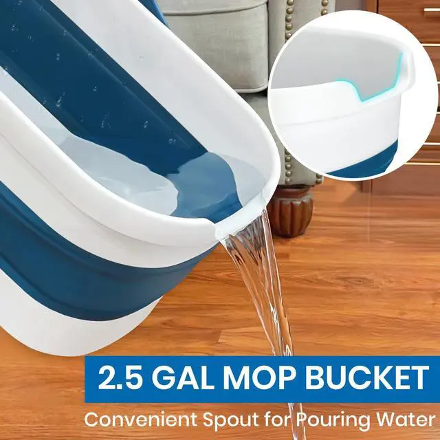 Alt view image 4 of 6 - Collapsible Mop and Bucket Set with Scrub Mop and Brush, Tile Laminate Hardwood Floor Brush and Flat Mops for Floor Cleaning, Foldable Bucket with Washable Microfiber Mop(Blue)