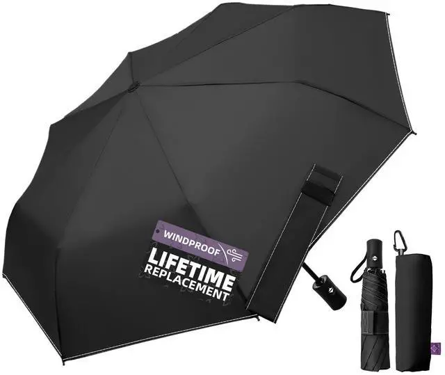Main image of Compact Travel Windproof Umbrella, 43" Auto Open/Close Folding Quick Dry for Rain, Lightweight Portable Small for Backpack Car, Thoughtful Women Men Kids, TSA Approved, Black