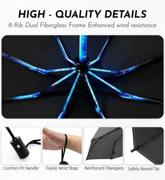 Alt view image 7 of 7 - Compact Travel Windproof Umbrella, 43" Auto Open/Close Folding Quick Dry for Rain, Lightweight Portable Small for Backpack Car, Thoughtful Women Men Kids, TSA Approved, Black