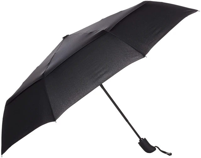 Main image of Round Travel Umbrella with Auto Open/Close Button, Wind-Proof Compact Design, Wind Vent, Strong Alloy Steel Frame, Soft-Grip Handle, Storage Sleeve, 11" When Closed, Black