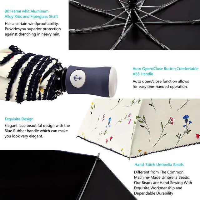 Alt view image 5 of 7 - DBA UV Sun Umbrella Compact Folding Travel Umbrella Auto Open Close Compact Folding Rain Umbrellas for Women Men Blocking UV 99.98% Carnations