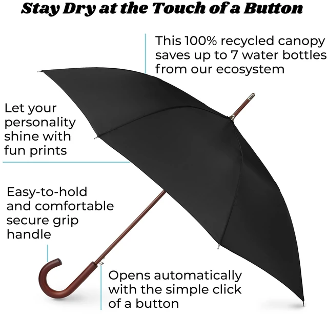Alt view image 2 of 7 - Auto Open Water Repellent Stick Umbrella with Classic Wood J Hook Handle