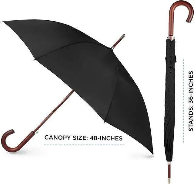 Alt view image 3 of 3 - Auto Open Water Repellent Stick Umbrella with Classic Wood J Hook Handle