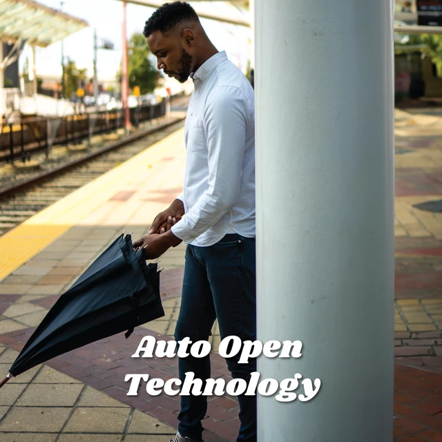 Alt view image 6 of 7 - Auto Open Water Repellent Stick Umbrella with Classic Wood J Hook Handle