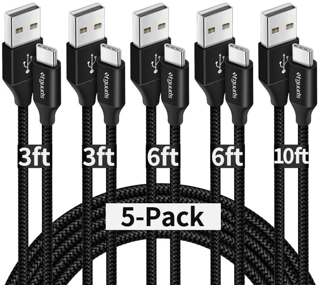 Main image of USB A to USB C Cable, 5-Pack (3/3/6/6/10 ft) Fast Charging Type C | Charger Cord USBC for iPhone 17 16 15 Pro Max Plus Air, Samsung Galaxy S26 S25 S24 S23 S22 S21 S20 A56 A17 A16, Moto, Black