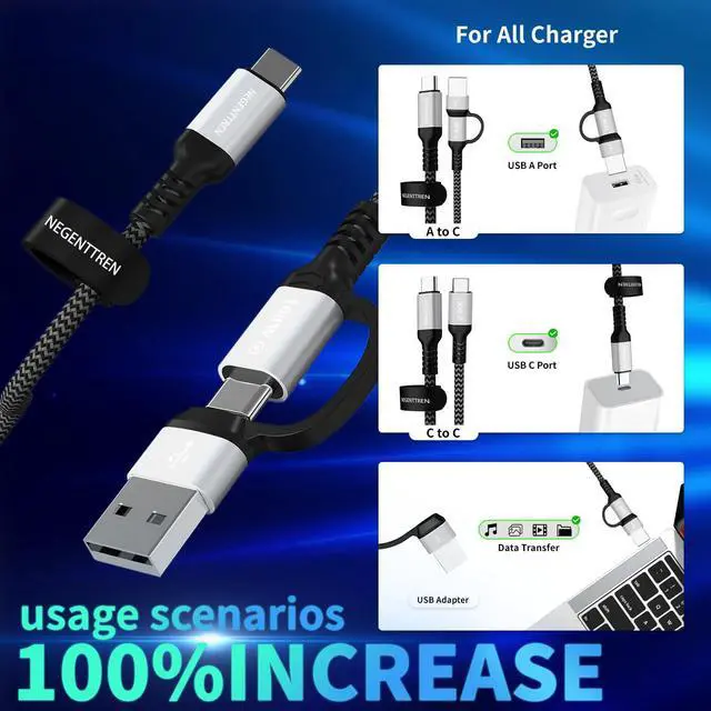 Alt view image 2 of 7 - 2 in 1 USB C to C Cable 100W (6FT, 2Pack), 5A Fast Charging Type A to C Charger Cord Nylon Braided USB C Cable for iPhone 16 Max Series, MacBook Pro, iPad (100W Cable)