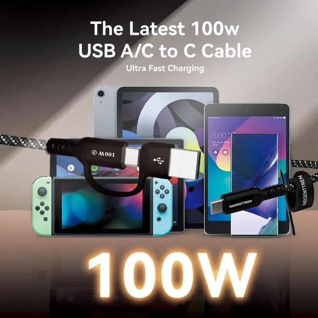 Alt view image 5 of 7 - 2 in 1 USB C to C Cable 100W (6FT, 2Pack), 5A Fast Charging Type A to C Charger Cord Nylon Braided USB C Cable for iPhone 16 Max Series, MacBook Pro, iPad (100W Cable)
