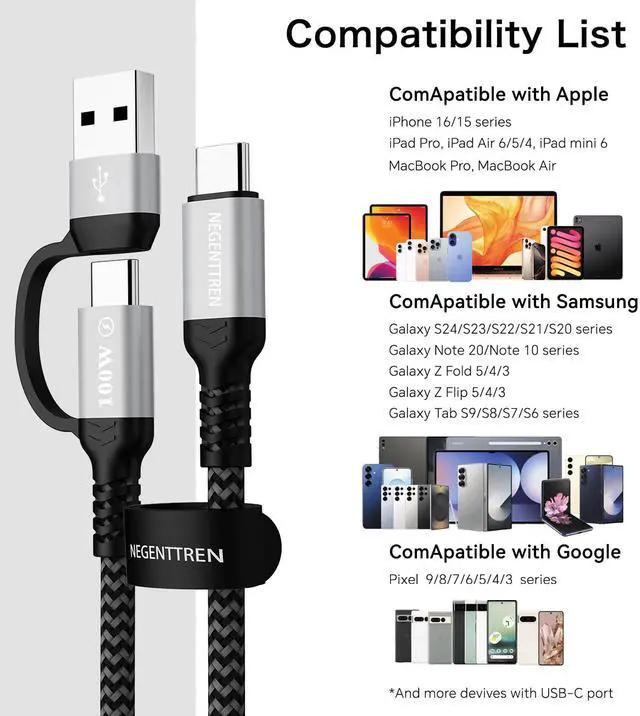 Alt view image 6 of 7 - 2 in 1 USB C to C Cable 100W (6FT, 2Pack), 5A Fast Charging Type A to C Charger Cord Nylon Braided USB C Cable for iPhone 16 Max Series, MacBook Pro, iPad (100W Cable)